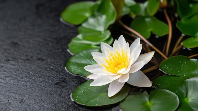White water lily flower green leaves dark background copy space