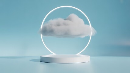 Minimalist podium with cloud and neon ring on light blue background display