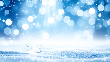 Fototapeta premium Christmas lights in winter landscape with snow, lights bokeh blurred background.