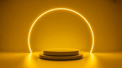 Illuminated yellow podium with neon ring on yellow background for presentation