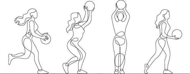 Children and Teenagers Playing Basketball Continuous Line Drawing Vector Illustration