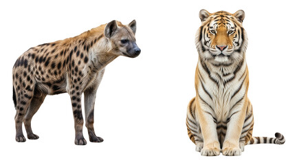 Spotted Hyena standing next to a majestic seated Bengal Tiger face and body isolated on transparent background wildlife contrast concept big cats predators