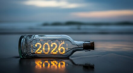 Message in a bottle with 2026 illuminated by fairy lights on a beach image photo