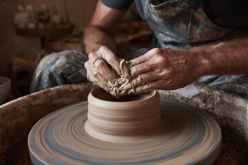 Close up of a Caucasian man's hands skillfully shaping clay on a pottery wheel with a rustic workshop background