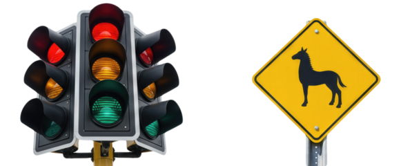 Traffic Light Showing Red Yellow Green Signals Beside Horse Crossing Warning Sign Yellow Diamond Road Sign Isolated on transparent background Transportation