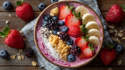 Colorful Fruit Smoothie Bowl with Berries and Toppings on Table