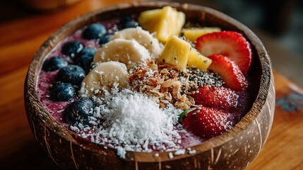 Colorful Fruit Bowl with Granola and Coconut Flakes on Wooden Table