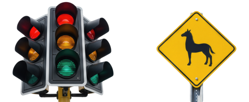 Traffic Light Showing Red Yellow Green Signals Beside Horse Crossing Warning Sign Yellow Diamond Road Sign Isolated on transparent background Transportation