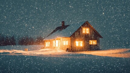 cozy house in snowy landscape at twilight, warm golden light shining from windows, snow falling softly, calm atmosphere, cinematic composition