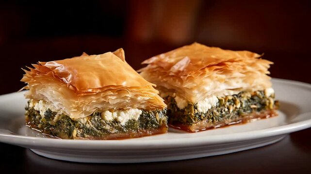Delicious Savory Spanakopita Triangles on a White Plate, Appetizing Food Presentation.