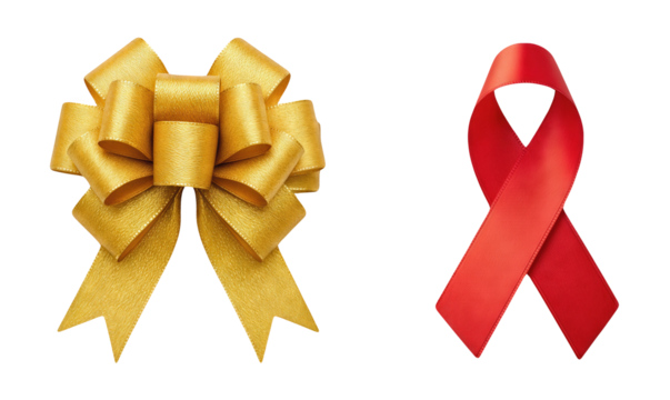 Golden Gift Bow Decoration Isolated Beside Red Awareness Ribbon Symbol for AIDS HIV Support or Valentine Day Concept Isolated on transparent background