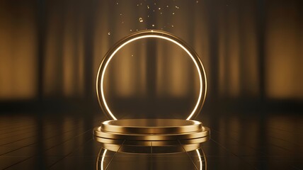 Golden podium with a glowing ring and falling dust in the background