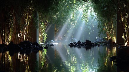 Serene Bamboo Grove with Gentle Light and Reflection Over Water