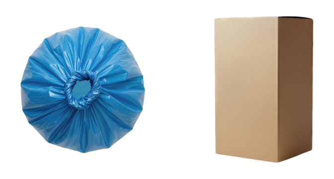 Bright Blue Plastic Drawstring Garbage Bag Bundle Next to Tall Brown Cardboard Shipping Box Isolated on transparent background Waste Management Recycling
