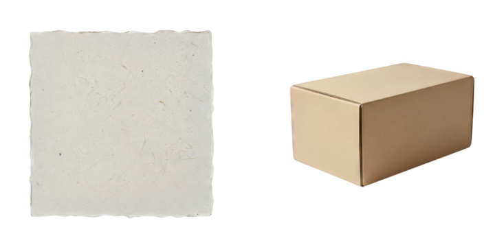 Blank textured handmade paper with deckled edge next to a small beige or gold gift box packaging mockup isolated on transparent background for design crafting