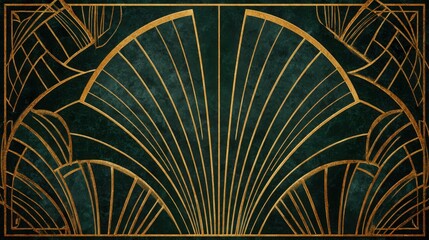 dark emerald and black background with golden art deco lines and symmetrical patterns, vintage luxury aesthetic