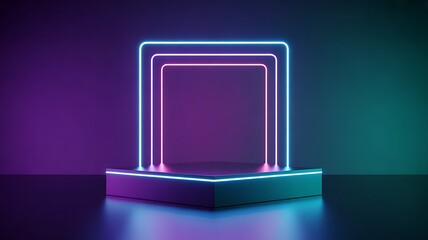 Neon square podium with purple and green lights in a dark setting