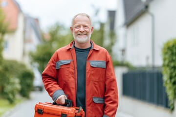 A smiling middle aged caucasian man wearing a red work jacket holds an orange toolbox while standing on a street outside houses on a sunny day