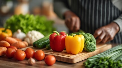 Fresh Vegetables Being Chopped on Wooden Board in Kitchen Setting