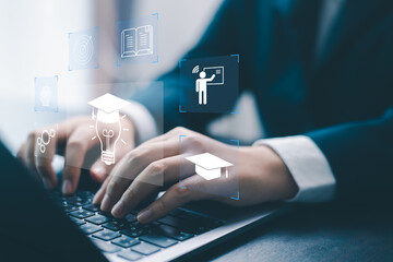 Concept of online education, training digital courses, e-learning platforms on internet supports...