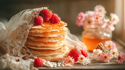 Stack of Delicious Pancakes with Raspberries and Honey Drizzle