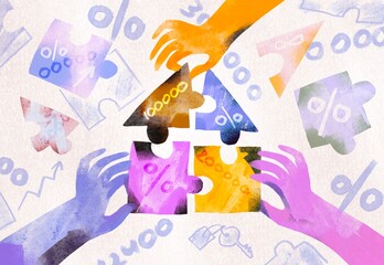 Various hands together assemble a colorful house from puzzle pieces