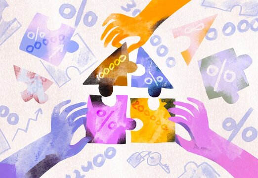 Various hands together assemble a colorful house from puzzle pieces