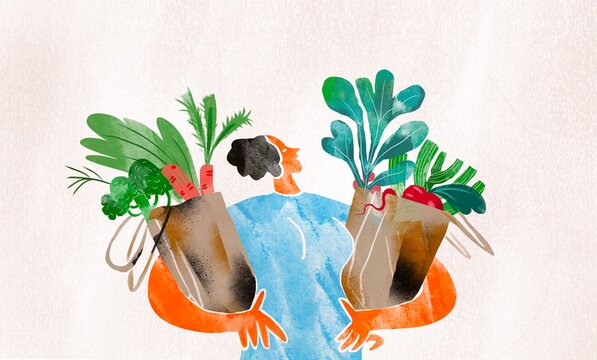 Woman with purchase from vegetables market 