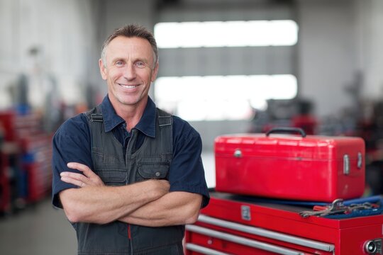 A smiling caucasian male auto mechanic stands with his arms crossed in front of a red toolbox and tool chest in a well-lit garage workshop
