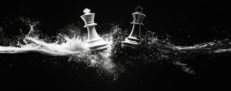 Dynamic clash of white and black chess pieces in mid-air