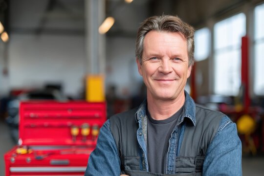 A happy Caucasian mechanic with a toolbox and equipment in the background wearing a denim shirt and a vest and looking at the camera
