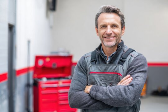 A middle-aged caucasian male mechanic with crossed arms standing in a well-lit auto repair shop with a toolbox in the background looking directly at the camera with a confident smile