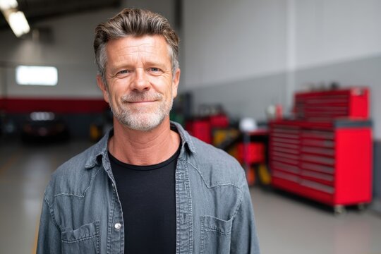 Mature Caucasian Male Mechanic Posing Confidently In Front of Tool Chests And Car Inside Auto Repair Shop Looking Directly At The Camera With A Friendly Smile