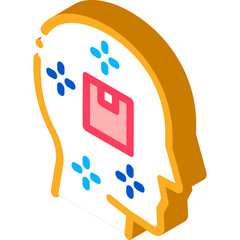 Isometric human head profile with abstract shapes and square inside representing thoughts or ideas in a golden brown color with blue and pink accents clean design