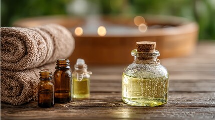 Tranquil Spa Setting with Essential Oils and Soft Towels
