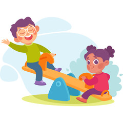 Two happy diverse children playing on a colorful seesaw in a park on a sunny day with light blue background and green grass detail