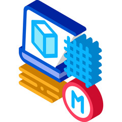 Isometric illustration showing a 3d cube on a screen with a grid overlay and a circular emblem with M on a wooden base suitable for design and engineering concepts.