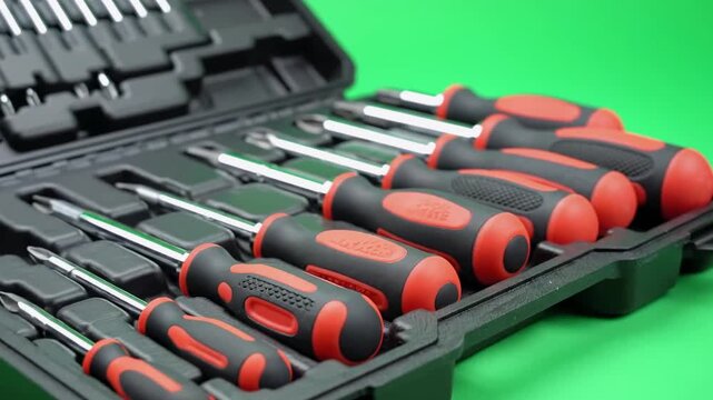 Black toolkit open showing a set of screwdrivers with red and black handles, close-up shot