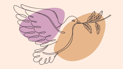 Dove carrying olive branch in line art with colorful shapes isolated on white