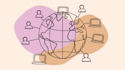 Line art illustration of a global network with people and computers