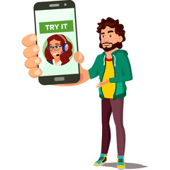 Man Holding Smartphone Showing Ebook Reader App With Female Avatar On Screen And Try It Button On Transparent Background