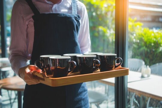 A server wearing an apron carries a tray filled with multiple coffee cups ready for service in a bright cafe setting