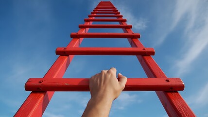 A persons hand reaches for the top of a red ladder against a clear blue sky