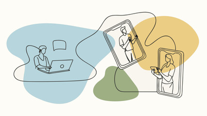 People connecting through technology with a continuous line drawing style