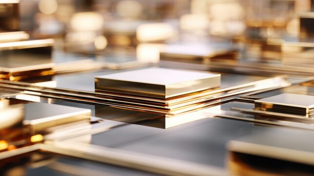 futuristic luxury background, smooth mirror surface of liquid gold reflecting minimal geometric structures, soft diffused light, cinematic depth