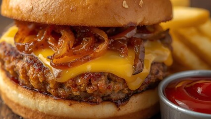 A close-up shot of a smash burger with a crispy smash patty, melted cheese oozing over the sides, and caramelized onions adding a rich, sweet touch.