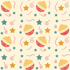 Festive Christmas Pattern With Ornaments, Stars, And Confetti Swirls For Holiday Design