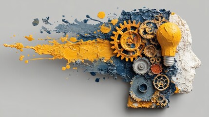 Conceptual representation of thought process and innovation depicted within a textured human head profile