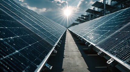 Rows of photovoltaic panels capture brilliant sunlight at an energy generation facility