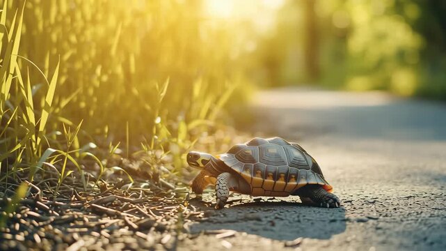 A small turtle is laying on the ground. It is brown and has a yellow stripe on its back. A tortoise crawling across a smooth sunlit path